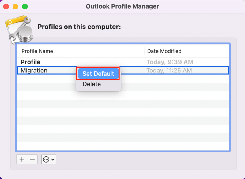 Right click the new profile and choose Set Default. Close the Outlook Profile Manager.