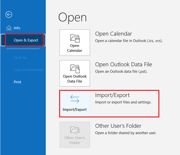 Select File > Open & Export > Import/Export