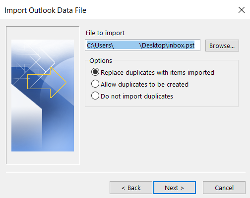 Choose the location of the imported .pst file (Step 2-5 above refers) and click Finish