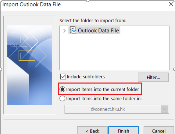 Select Import items into the current folder > Finish