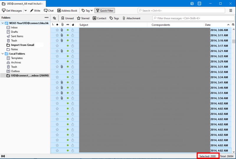 Under Local Folders, select “All mail inc…mailbox” , select not more than 2,000 Selecting too many email to move will cause problem, don’t select more than 2,000 email at one time
