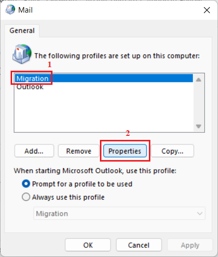 Open Control Panel, look up Mail (Microsoft Outlook).  Click Show Profiles and select the profile Migration.  