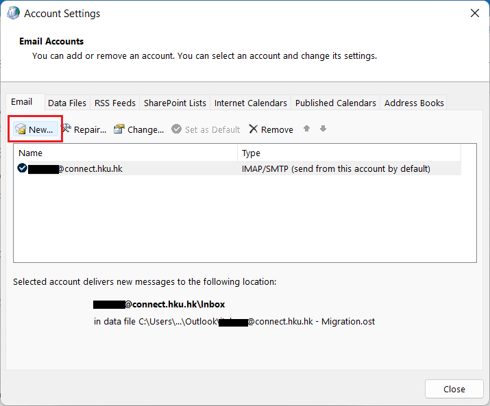 Click Properties, E-mail Accounts and New