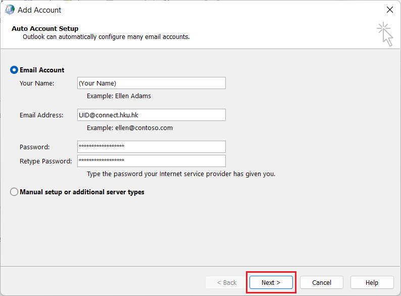 Type Your Name, Email address and Password and click Next.  Click Finish