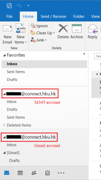 Open Outlook and it shows both the Microsoft account (the upper one) and Google account (the lower one)