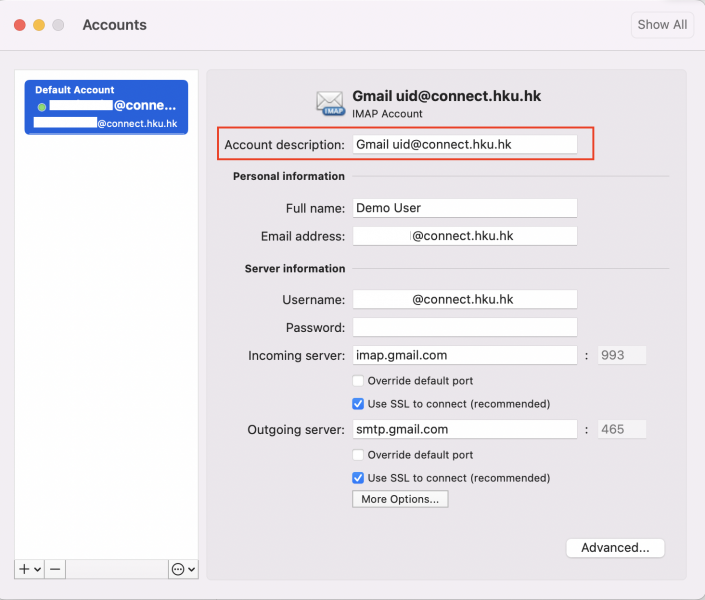 Update the Account description, change from uid@connect.hku.hk to Gmail uid@connect.hku.hk