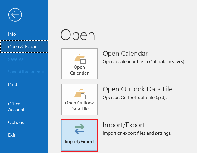 Select the newly created folder. Then select File, Open & Export and Import/Export