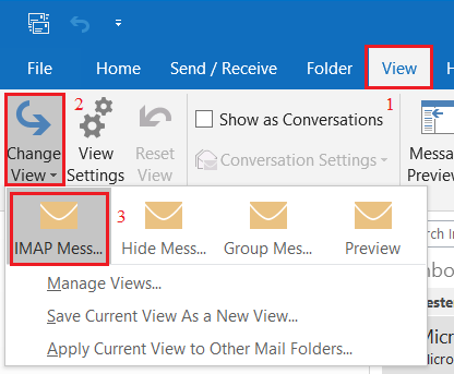 After importing the mails to your Microsoft account, if you find the imported folders are empty, click View, Change View and IMAP Messages and all emails will be shown