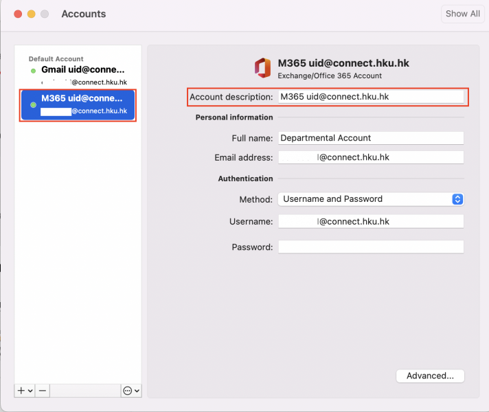 Select the Microsoft account. Update the Account description, change from uid@connect.hku.hk to M365 uid@connect.hku.hk.