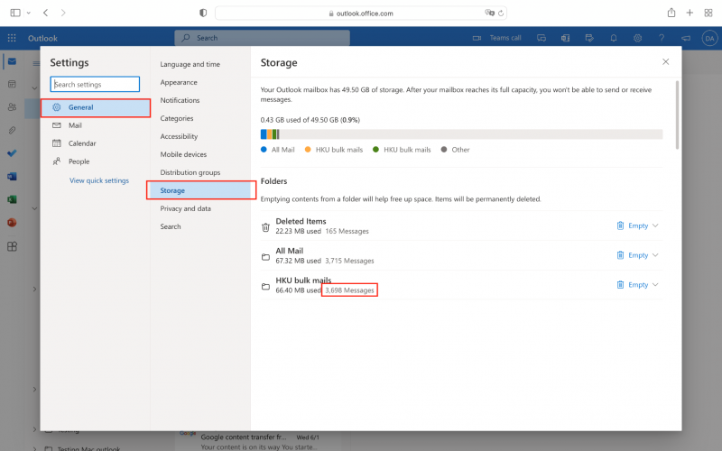Go to General > Storage. Check the number of messages in all the folders imported from Google mail.