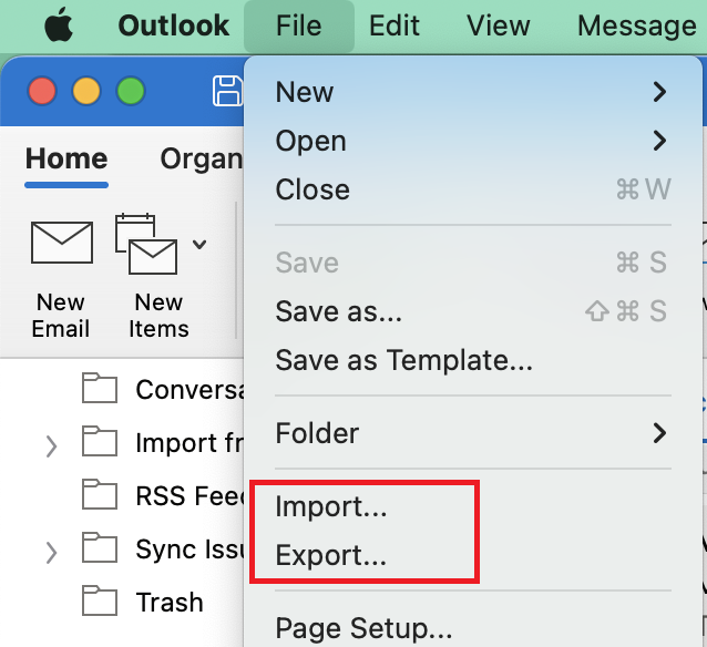 3. Restart your Mac and the interface will be changed to Legacy Outlook and the Import and Export options will be available
