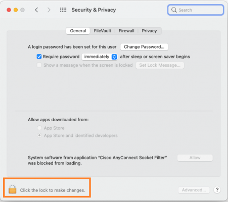Click the Lock Icon to unlock the settings for changes in Security & Privacy Window