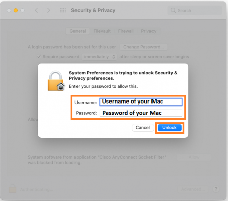 Type the username and password of your Mac in the Username and Password fields respectively. Click the Unlock button