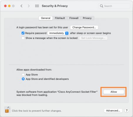 Click Allow button next to message of System software from application “Cisco AnyConnect Socket Filter” was blocked from loading