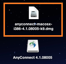 double click the anyconnect-.dmg file and a volume disk labeled with AnyConnect- will appear on your desktop